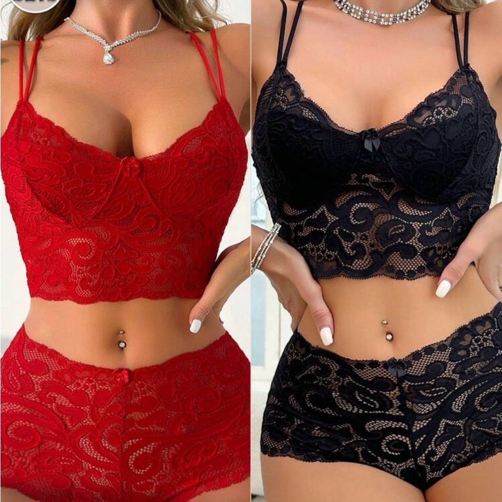 5️⃣5️⃣6️⃣ 2 sets Elegant Lace Bralette and Shorts Set - Red and Black